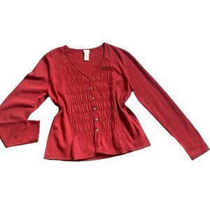 J.Jill V-Neck Texture/Smock-Front Button Front Cardigan Top Rust Red Sz S #229K